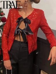 Jackets TRAF 2024 Spring Women Fashion Sequin O Neck Double Bow LaceUp Coat Sets Casual Slim Female High Waisted Pant Suits Y2k Red