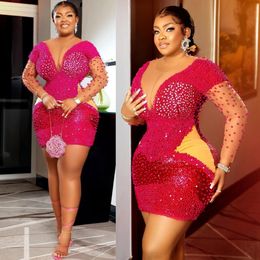 Luxury Fuchsia Aso Ebi Cocktail Dresses Plus Size Short Prom Dresses Sheer Neck Long Sleeves Pearls Illusion Mini Club Dress Birthday Party Gowns Dinner Gown C032
