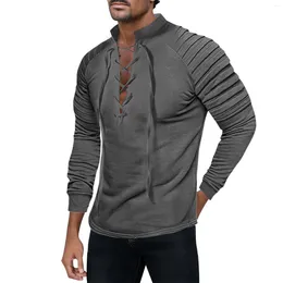 Men's Hoodies Lace Up Drawstring Sweatshirt Solid Colour Shirts Long Sleeve V-Neck Pullover Hooded Tee Tops