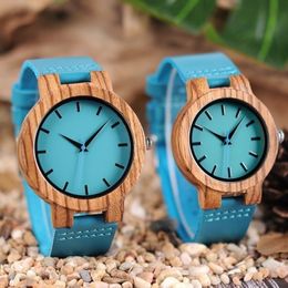 Luxury Royal Blue Wood Watch Top Quartz Wristwatch 100% Natural Bamboo Clock Casual Leather Band Valentine's Day Gifts for Me270l