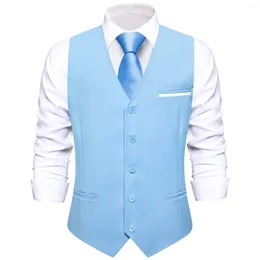 Men's Vests Light Blue Mens Solid Wedding V-Neck Silk Waistcoat Tie Hanky Cufflinks Sets For Male Business Party Designer Gifts Hi-Tie