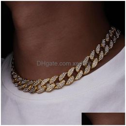 Chains 15Mm Miami Cuban Link Chain Necklaces 30 16 18 20 22 24Inches 18K Gold Plated Iced Out Bling Rhinestone Sier Rose Fashion Des Dh7Yr