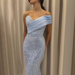 2024 Dubai Blue Mermaid Evening Pageant Dress One Shoulder Beads Sequins Floor Length Engagement Prom Formal Gowns Robe De Soiree Vestidos De Fiesta