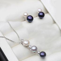 Sets Wedding 925 Silver Natural Freshwater Pearl Necklace And Earrings Set For Women Customers White Black