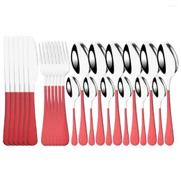 Dinnerware Sets Red Silver Mirror Cutlery Set 24Pcs Flatware Fork Knife Spoon Stainless Steel Silverware Tableware