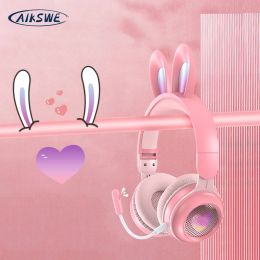 Headphone/Headset AIKSWE Glowing Wireless Headphones Flash Light Rabbit Ear HIFI Stereo With Mic Headset For Girls Kids Gift BluetoothCompatible