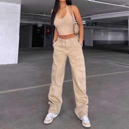 Women's Pants Autumn Women Solid Colour Cargo High Waist Straight-leg Buckle Jeans With Pockets Khaki Brown Baggy Casual Trousers Y2k