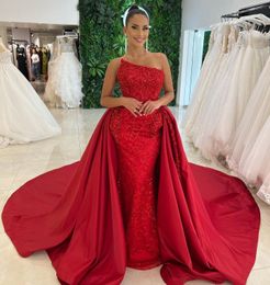 Red Mermaid Lace Wedding Dresses With Detachable Train Sequined Bridal Gowns Strapless Neckline Vestido De Novia 415