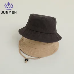 Berets Kids Panama Cap Children's Simple Solid Color Flat Top Fisherman Hats Casual All-match Sun Bucket Hat With String For Boys Girls