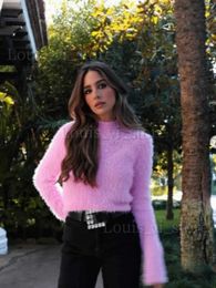 Women's Knits Tees Autumn Winter Pink Mohair Sequin Sweater for Women Fashion O Neck Long Sleeve Slim Knitted Pullover Chic Elegant Ladies Knitwear T240222