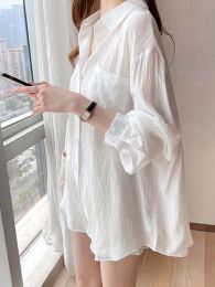 Shirt Korean Style Shirt Women Summer Sunscreen Blouse Ladies Ice Silk White ong Sleeve Sun Protection Cardigan Thin Coat