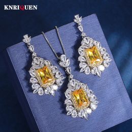 Sets Luxury 8*12mm Topaz Gemstone Pendant Necklace Drop Earrings for Women Charms Lab Diamond Wedding Party Fine Jewellery Sets Gifts