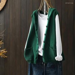 Women's Vests 2024 Autumn Winter Hooded Knitted Vest Art Loose Casual Solid Outer Pocket Office Lady Wild Comfortable Leisure Cardigan