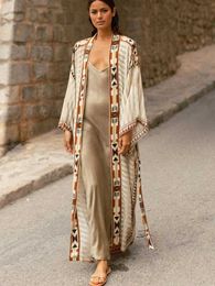 Basic Casual Dresses 2024 Beach Kimono Set Loose Swimsuit Set Front Opening with Cavtan Robe Chequered Beach Pareos Dress Tunic Beach Wear J240222