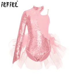 Stage Wear Kids Girls Sparkly Sequins Feather Ballet Tulle Skirted Leotard Costume Long Sleeve Mock Neck Bodysuit Dance Performance