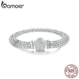 Bangles Bamoer 925 Sterling Silver Rose Basic Bracelet Hollowout Wide Band Chain Platinum Plated for Women Valentine's Day Gift SCB265