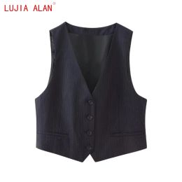 Jackets Autumn New Women Vneck Single Breasted Pinstripe Vest Coat Female Casual Sleeveless Loose Tops LUJIA ALAN C1988