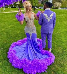 Prom Dresses Purple for Black Girls 2024 Rhinestone Feathers African Women Mermaid Party Gowns Vestidos de Festa