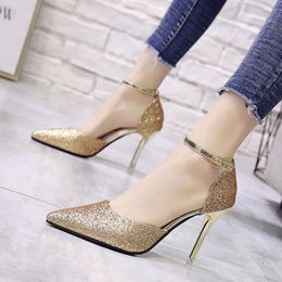 Gold High Sandals Women 2024 Spring Summer New Pointed Toe Single Pumps Sequins Ankle Buckle Sier Heels Women's Shoes