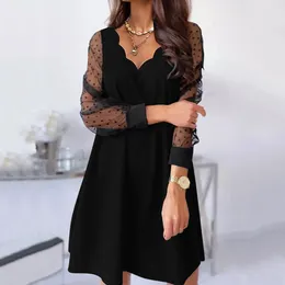 Casual Dresses Dress Black Little Women The Sleeve Over Elegant Long Knee Printing Straight Dots Mesh Polka Dot Women's