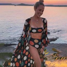 Basic Casual Dresses 2023 Colourful Polka Dot Printed Bikini Set and Cover Womens Fashion Two Piece Swimwear Beach Swimwear J240222