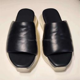 Black Leather Slippers 2024 Summer Thick Sole Casual Peep Toe Roman Sandals Versatile Beach Shoes for Men and Women Size35-45