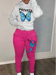 Women's Two Piece Pants Fall Winter Two Pieces Pants Suits Butterfly Letter Print Kangaroo Pocket Tracksuit Set Pullover White Hoodie Sweatpants T240222