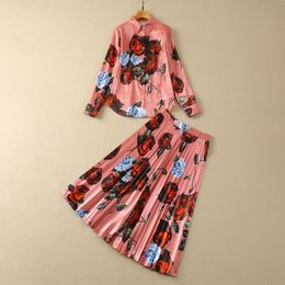 2024 Summer Pink Floral Rose Print Two Piece Dress Sets Long Sleeve Lapel Neck Single-Breasted Blouse With Pleated Mid-Calf Skirt Set 2 Pieces Suits S4F210221