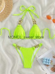 Women's Swimwear Sexy Neon Green 2 Piece Bikini Set Women Halter Metal Stap Push Up Swimsuit Summer Lace Beach Bathing Suit ThongH24222