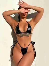 Women's Swimwear Swimsuit Woman 2024 Thong Bikini Sexy PU Solid Black Push Up Micro Bikinis Biquini Brazilian Cut Out Bathing SuitH24222