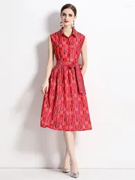 Casual Dresses Runway Designer Fashion Letter Print Red Shirt Dress For Women's Sleeveless Single Breasted Bow Tie Lace Up A Line Midi