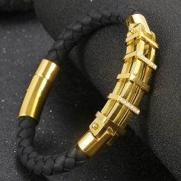 Bracelets Luxury Gold Plated Bracelets for Men 8MM Wide Braided Leather Rope Chain Bracelet CZ Stainless Steel Male Jewellery Birthday Gifts