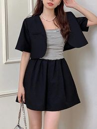 Women's Tracksuits Black Two Piece Sets Womens Outifits Summer Fashion Casual Short Coats Pockets Striped Patchwork Rompers Loose Shorts Set