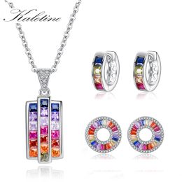 Sets KALETINE 925 Sterling Silver Rainbow Heart Hoop Earrings CZ Korean Fashion Zirconia Women Necklace Rings Set Charm Jewellery Gifts