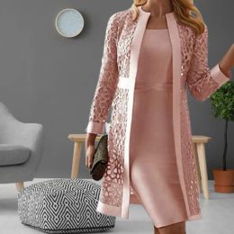 Jackets Office Ladies Long Sleeve Dress Coat Cardigan Set Women Outfit Solid Color Lace Coat Long Sleeve Dress Suit Autumn Women Dress