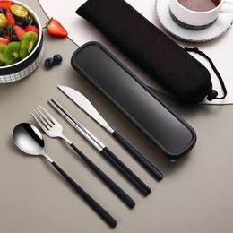 Flatware Sets 4Pcs Portable Tableware Set Stainless Steel Knife Fork Spoon Chopsticks Travel With Box Picnic Camping Cutlery