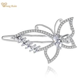 Jewellery Wong Rain 100% 925 Sterling Silver Butterfly Lab Sapphire Gemstone Sparkling Barrettes for Women Fine Hair Jewellery Girls Gifts
