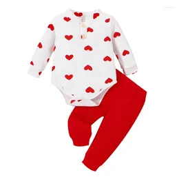 Clothing Sets Infant Baby Girl Set Long Sleeve Mock Neck Button Down Heart Print Romper Elastic Drawstring Waist Ribbed Pants Outfits