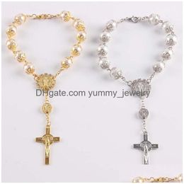Charm Bracelets Cross Rosary Bracelet Relius Jewellery Women Men Fashion Sier Gold Beads Glass Pearl Jesus Christian Charm Bracelets Wi Dhesn