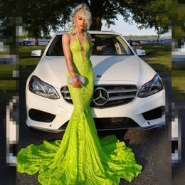 Green Sequin Lace Prom Dresses Black Girls 2024 O-Neck Mermaid Party For African Women Evening Ocn Gowns