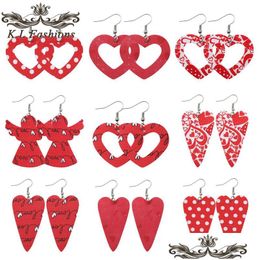 Dangle & Chandelier 2021 Two-Side Pu Leather Dangle Earrings For Women Red Angel Hollow Heart Printed Charm Ear Lightweight Dhgarden Dhs2P