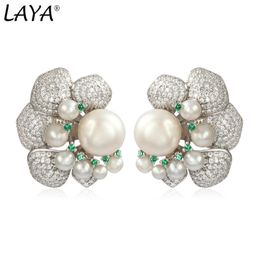 LAYA 925 Sterling Silver Fashion Personality Design High Quality Zircon Green Nano Natural Pearl Earrings For Women Fine Jewelry 240220