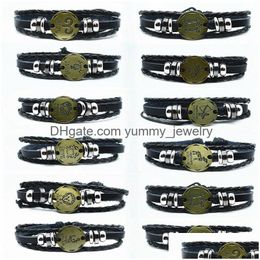 Charm Bracelets Adjustable Men Leather Bracelet Cuffs Vintage Punk 12 Constellation Beaded Male Black Wristband Friendship For Drop D Dhajj