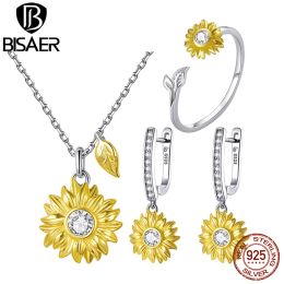 Sets BISAER 925 Sterling Silver Sunflower Jewellery Set Plated 14k Gold Colour Lucky Necklace Earring Gift for Women Fine Jewellery Gift