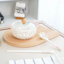 Bowls Peach Blossom Ceramic Instant Noodle Bowl One-person Set Ear Spoon Chopsticks Snail Powder With Lid