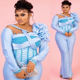 2024 Aso Ebi Light Sky Blue Jumpsuits Prom Dress Beaded Crystals Satin Evening Formal Party Second Reception Birthday Engagement Gowns Dresses Robe De Soiree ZJ61