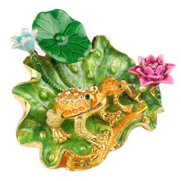 Back Metal Frog Figurine Trinket Box Rhinestones Enamel Decorative Hinged HandPinted Earring Necklace Jewellery Storage Box Home Decor