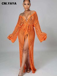 Basic Casual Dresses CM.YAYA Fashion Womens Beach Holiday Knitted Ribbed Crochet Hollow Open Seam Belt Maxi Long Cap Summer 2023 J240222