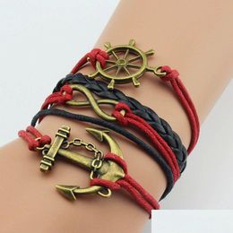 Charm Bracelets Mtilayer Leather Charm Bracelets Handmade Rudder Anchor Rope Braided Chain Vintage Gold Sier Fashion Infinity Jewellery Dhsf4