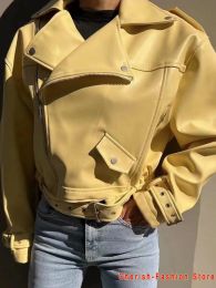 Jackets New Spring Women Faux Leather Jacket Biker Pink Yellow Coat Turndown Collar PU Motorcycle Jackets Loose Streetwear Outerwear